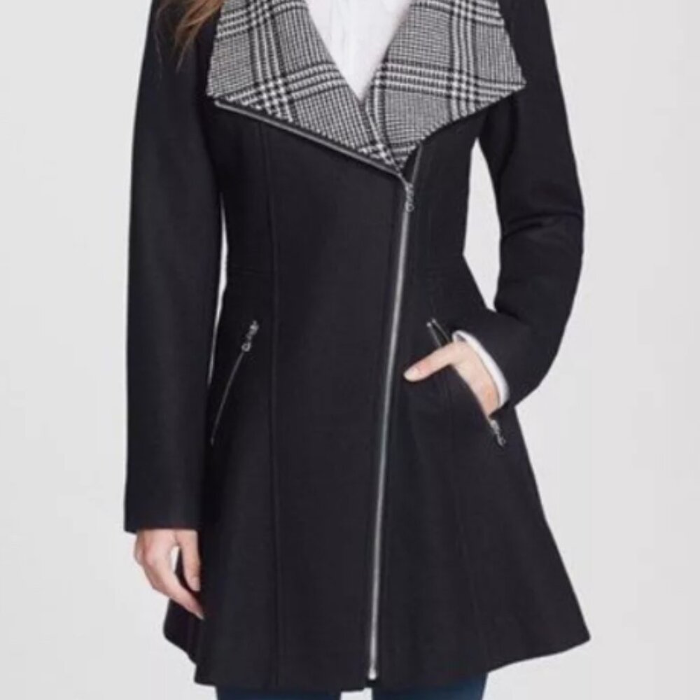 Guess Los Angeles Wool Black Plaid Pea Coat Medium